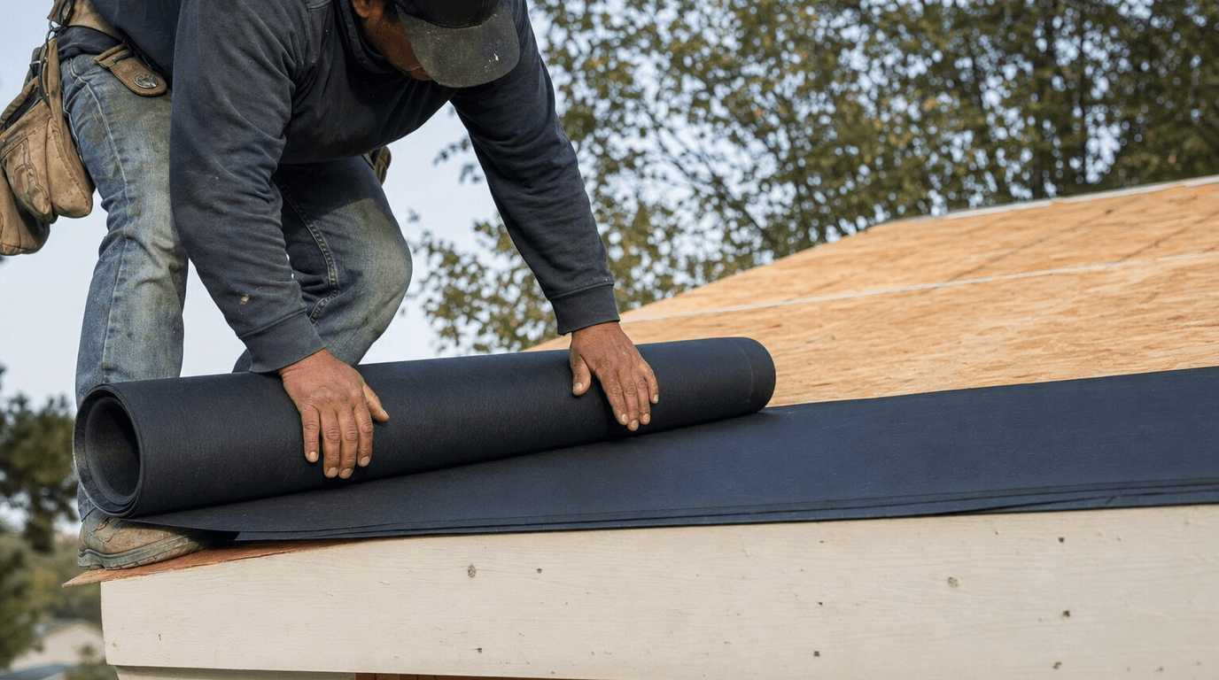 Close-up of ice and water shield underlayment on a Green Bay Wisconsin roofing project